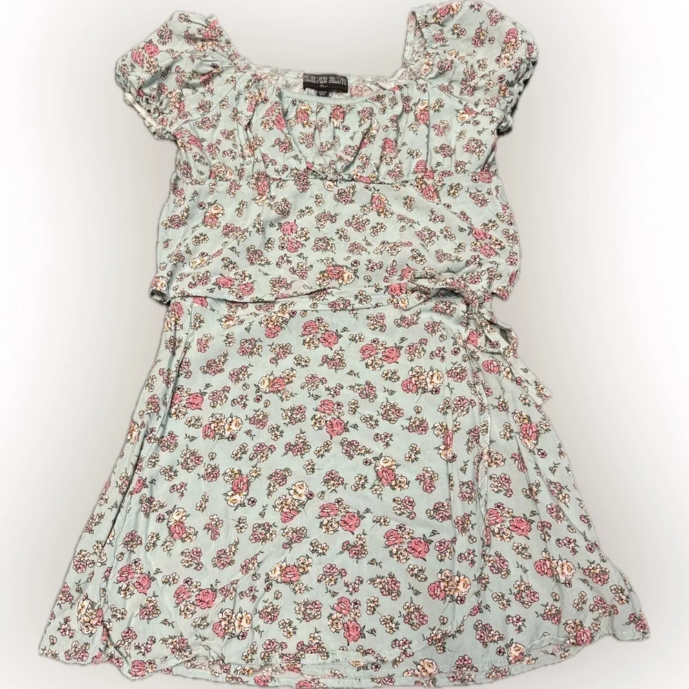 Three Hearts Floral Kids Two Piece Skirt and Top in Light Greenish Blue and Pink